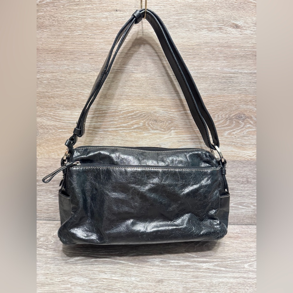 GIANI‎ BERNINI BLACK GLAZED WRINKLED LEATHER HOBO SHOULDER BAG